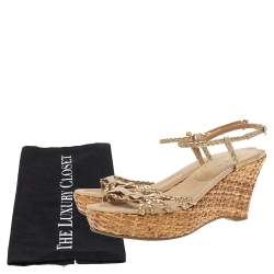 Pre Owned Prada Bronze/Beige Braided Leather And Woven Raffia Wedge Ankle Strap Sandals Size 39.5