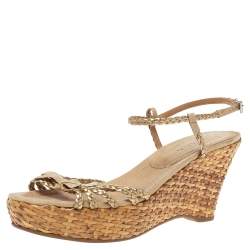 Pre Owned Prada Bronze/Beige Braided Leather And Woven Raffia Wedge Ankle Strap Sandals Size 39.5