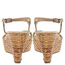 Pre Owned Prada Bronze/Beige Braided Leather And Woven Raffia Wedge Ankle Strap Sandals Size 39.5