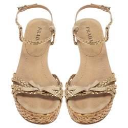 Pre Owned Prada Bronze/Beige Braided Leather And Woven Raffia Wedge Ankle Strap Sandals Size 39.5