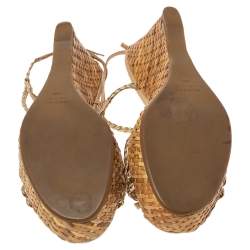 Pre Owned Prada Bronze/Beige Braided Leather And Woven Raffia Wedge Ankle Strap Sandals Size 39.5