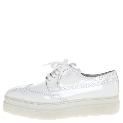 Pre Owned Prada White Wingtip Brogue Leather Platform Derby Size 39.5