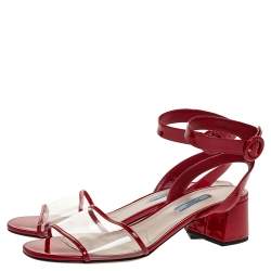 Pre Owned Prada Red Patent and PVC Ankle Strap Block Heel Sandals Size 39.5