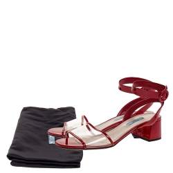 Pre Owned Prada Red Patent and PVC Ankle Strap Block Heel Sandals Size 39.5