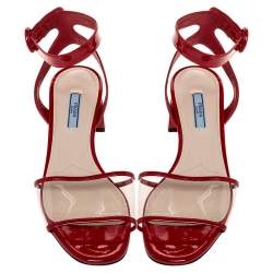 Pre Owned Prada Red Patent and PVC Ankle Strap Block Heel Sandals Size 39.5