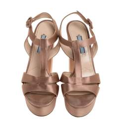 Pre Owned Prada Beige Satin Open Toe Ankle Strap Platform Sandals Size 37.5