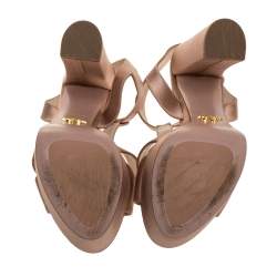 Pre Owned Prada Beige Satin Open Toe Ankle Strap Platform Sandals Size 37.5