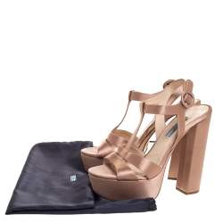Pre Owned Prada Beige Satin Open Toe Ankle Strap Platform Sandals Size 37.5