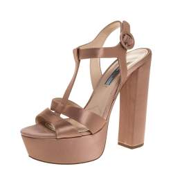 Pre Owned Prada Beige Satin Open Toe Ankle Strap Platform Sandals Size 37.5