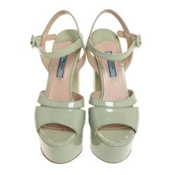 Pre Owned Prada Pale Green Patent Leather Ankle Strap Block Heel Platform Sandals Size 36