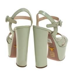 Pre Owned Prada Pale Green Patent Leather Ankle Strap Block Heel Platform Sandals Size 36