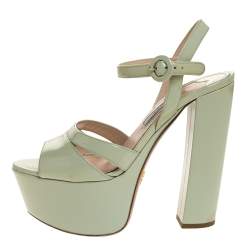 Pre Owned Prada Pale Green Patent Leather Ankle Strap Block Heel Platform Sandals Size 36