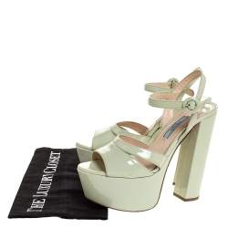 Pre Owned Prada Pale Green Patent Leather Ankle Strap Block Heel Platform Sandals Size 36