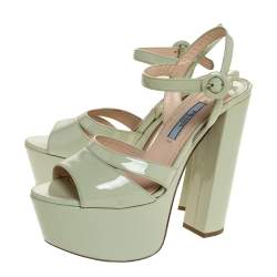 Pre Owned Prada Pale Green Patent Leather Ankle Strap Block Heel Platform Sandals Size 36