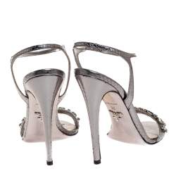Pre Owned Prada Silver Leather Crystal Embellished Ankle Strap Sandals Size 39