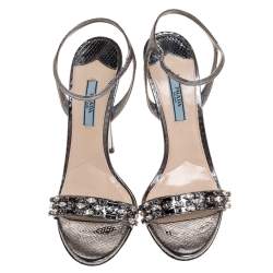 Pre Owned Prada Silver Leather Crystal Embellished Ankle Strap Sandals Size 39