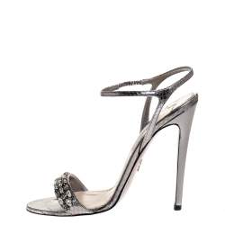 Pre Owned Prada Silver Leather Crystal Embellished Ankle Strap Sandals Size 39
