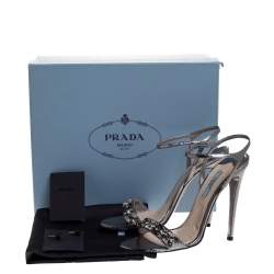 Pre Owned Prada Silver Leather Crystal Embellished Ankle Strap Sandals Size 39