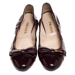 Pre Owned Prada Burgundy Patent Leather Bow Ballerina Flats Size 38