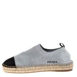 Pre Owned Prada Shimmery Silver Knit Lurex Espadrille Size 36.5
