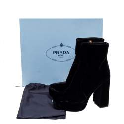 Pre Owned Prada Black Velvet Block Heel Platform Ankle Boots Size 38.5