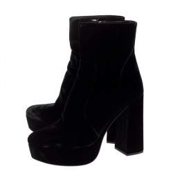 Pre Owned Prada Black Velvet Block Heel Platform Ankle Boots Size 38.5