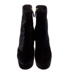 Pre Owned Prada Black Velvet Block Heel Platform Ankle Boots Size 38.5