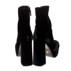 Pre Owned Prada Black Velvet Block Heel Platform Ankle Boots Size 38.5