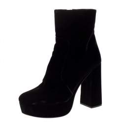Pre Owned Prada Black Velvet Block Heel Platform Ankle Boots Size 38.5