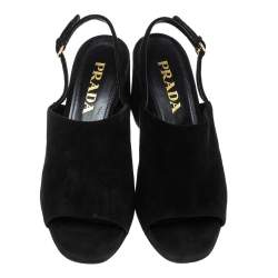 Pre Owned Prada Black Suede Slingback Block Heel Open Toe Sandals Size 37