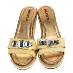 Prada Sport Yellow Patent Leather Cork Wedge Espadrille Slide Sandals Size 38.5