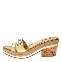 Prada Sport Yellow Patent Leather Cork Wedge Espadrille Slide Sandals Size 38.5