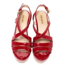 Pre Owned Prada Red Patent Leather Platform Wedge Sandals Size 37.5