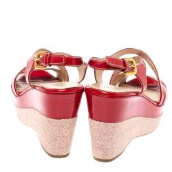 Pre Owned Prada Red Patent Leather Platform Wedge Sandals Size 37.5