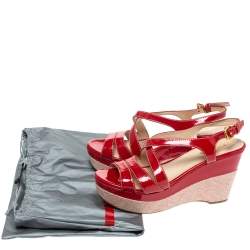 Pre Owned Prada Red Patent Leather Platform Wedge Sandals Size 37.5