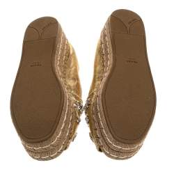 Pre Owned Prada Metallic Gold Leather Crystal Embellished Peep Toe Platform Espadrille Size 38