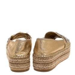 Pre Owned Prada Metallic Gold Leather Crystal Embellished Peep Toe Platform Espadrille Size 38