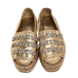 Pre Owned Prada Metallic Gold Leather Crystal Embellished Peep Toe Platform Espadrille Size 38