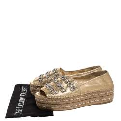 Pre Owned Prada Metallic Gold Leather Crystal Embellished Peep Toe Platform Espadrille Size 38
