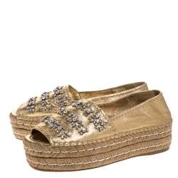 Pre Owned Prada Metallic Gold Leather Crystal Embellished Peep Toe Platform Espadrille Size 38