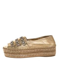 Pre Owned Prada Metallic Gold Leather Crystal Embellished Peep Toe Platform Espadrille Size 38