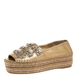 Pre Owned Prada Metallic Gold Leather Crystal Embellished Peep Toe Platform Espadrille Size 38