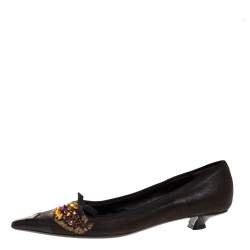 Prada Dark Brown Leather Crystal Embellished Vintage Pointed Pumps Size 36.5