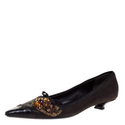 Prada Dark Brown Leather Crystal Embellished Vintage Pointed Pumps Size 36.5