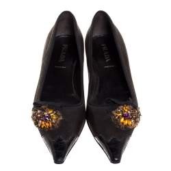 Prada Dark Brown Leather Crystal Embellished Vintage Pointed Pumps Size 36.5