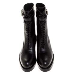 Pre Owned Prada Black Leather Combat Boots Size 38