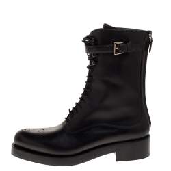 Pre Owned Prada Black Leather Combat Boots Size 38