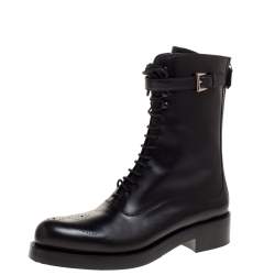 Pre Owned Prada Black Leather Combat Boots Size 38