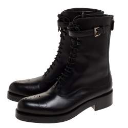 Pre Owned Prada Black Leather Combat Boots Size 38