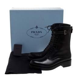Pre Owned Prada Black Leather Combat Boots Size 38